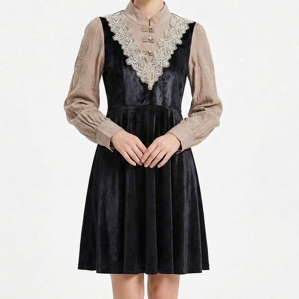 Whimsy Goth Lace Midi Dress Kaimilan Women's Size 6 Black Beige Long‎ Sleeve